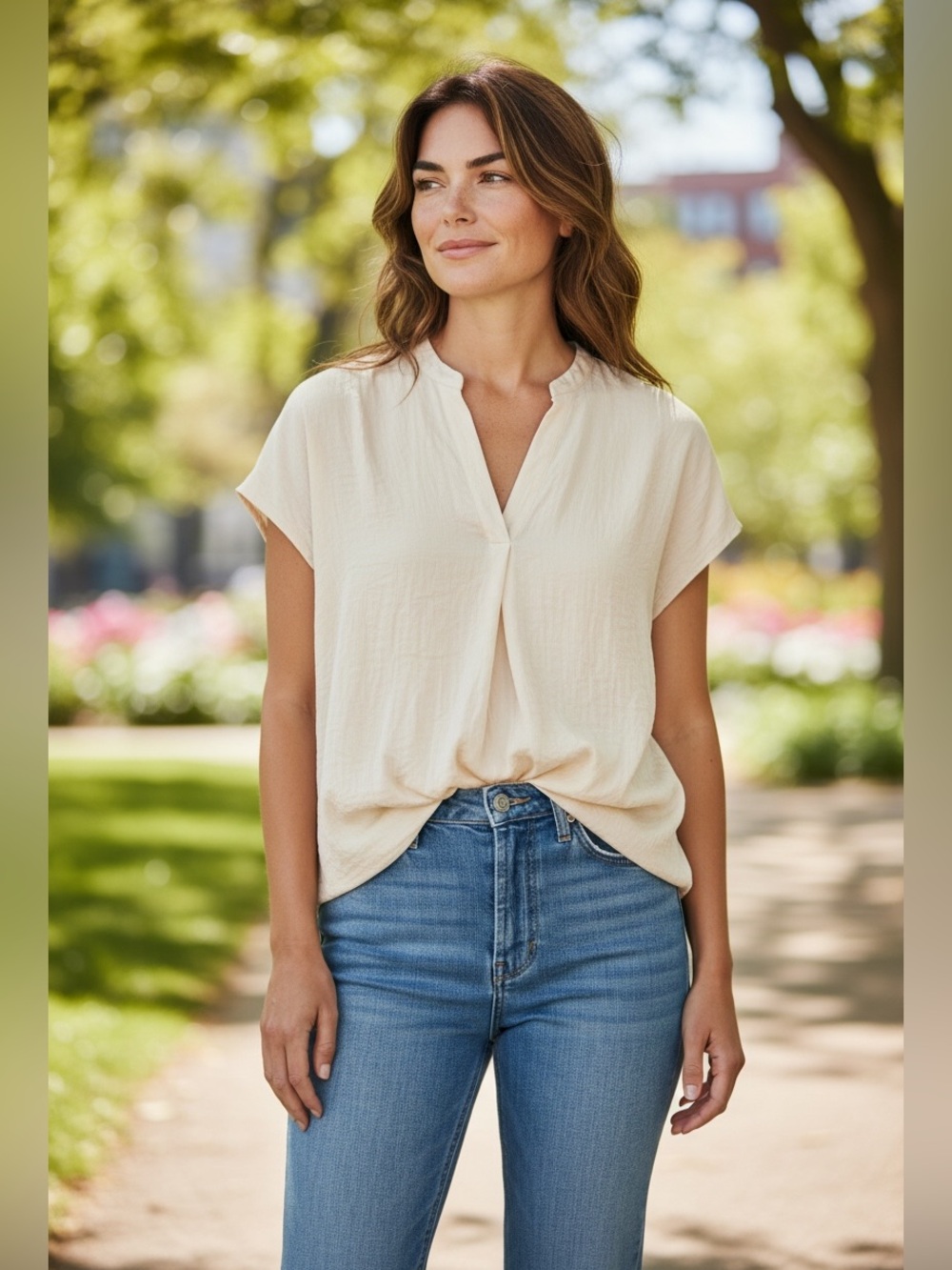 Madison D’Amelie Cream Split-Neck Short Sleeve Blouse
